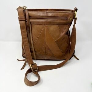 Lucky Brand Brown Leather Patchwork Crossbody Bag Boho Tassel Zip Pocket